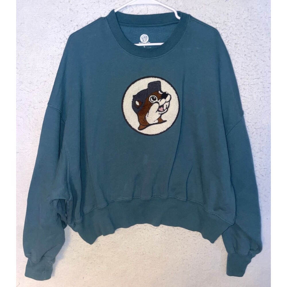 Buc-ee's Sweatshirt Womens sz L Crewneck Pullover Beaver Cotton Long Sleeve Teal